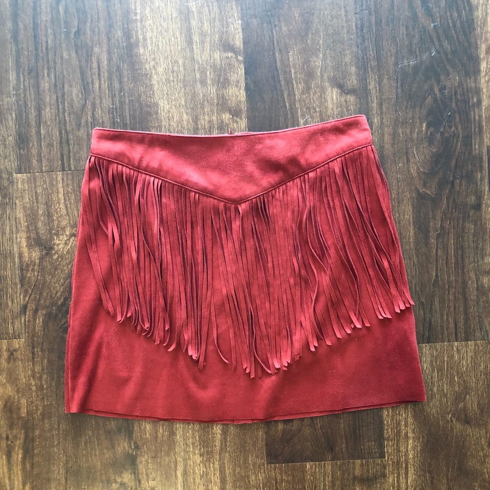 Red suede fringe mini skirt